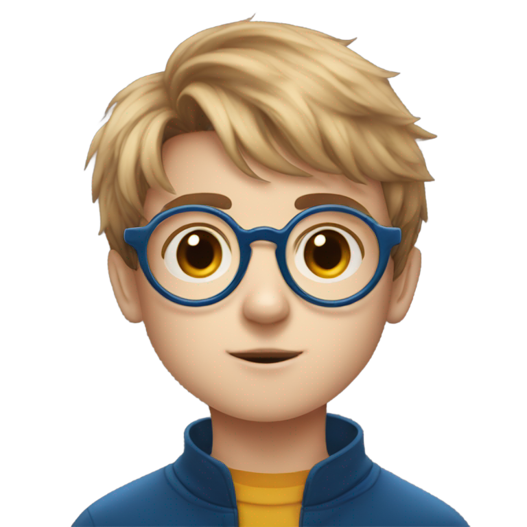 genmoji：一个13岁的英国男孩，戴着蓝色眼镜，嘴左侧有一颗痣，头发像哈利·波特。