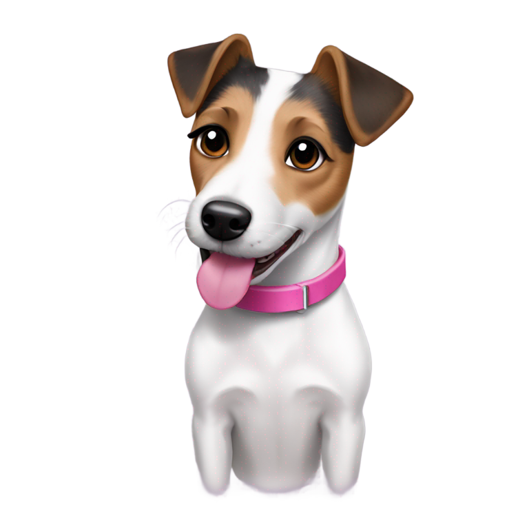 genmoji : Un Jack Russell Terrier heureux avec des taches foncées portant un collier rose.