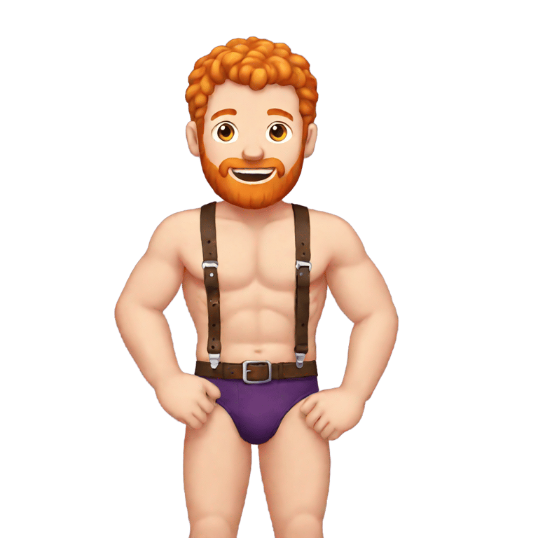 genmoji：赤发的裸胸男，穿着红色内裤，戴着皮革胸带，手里拿着茄子。