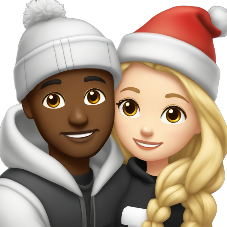 genmoji : Mignonne fille blanche aux cheveux blonds portant un Nike tech fleece noir, embrassant un garçon noir avec un chapeau de Noël.