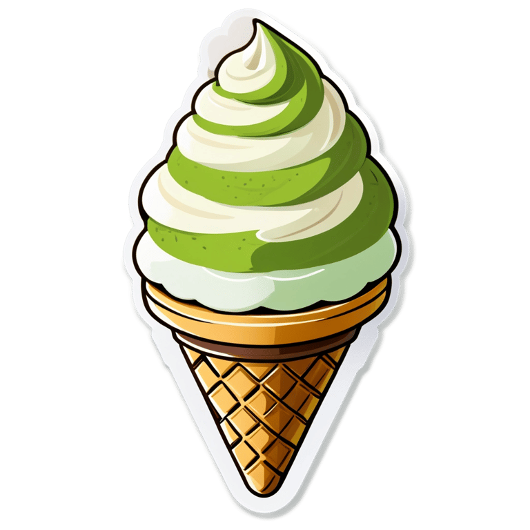 genmoji：a vanilla soft server ice cream in a waffle cone with matcha powder thats green on top