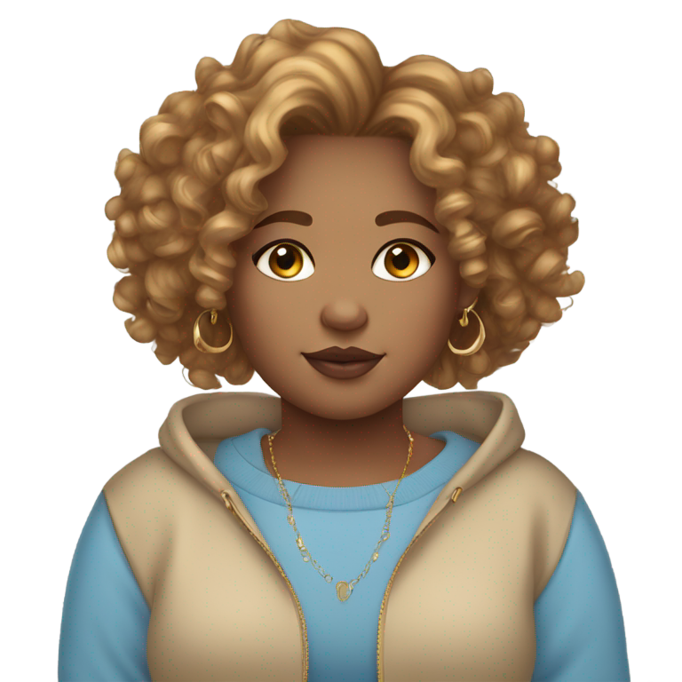genmoji : Fille métisse ronde, cheveux bouclés châtain clair, yeux bleus, bijoux en or, pull bleu clair.