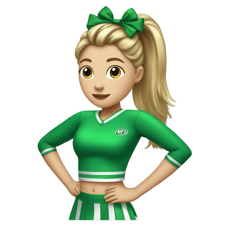 genmoji：带着高马尾和绿色发带的绿色运动服的啦啦队队长