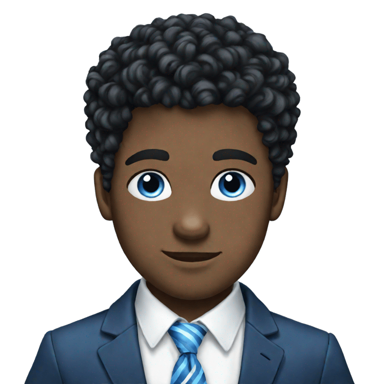 絵文字：blue eyed black haired british teen guy with a blue striped tie white shirt and blue blazer and fluffy curly hair with a side part