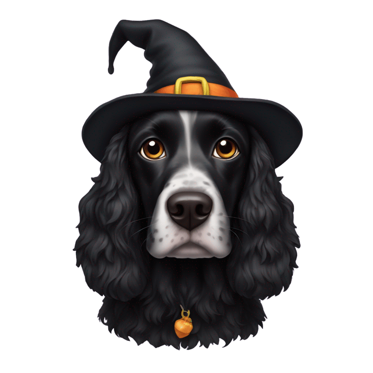 絵文字：A black spaniel with a witches hat