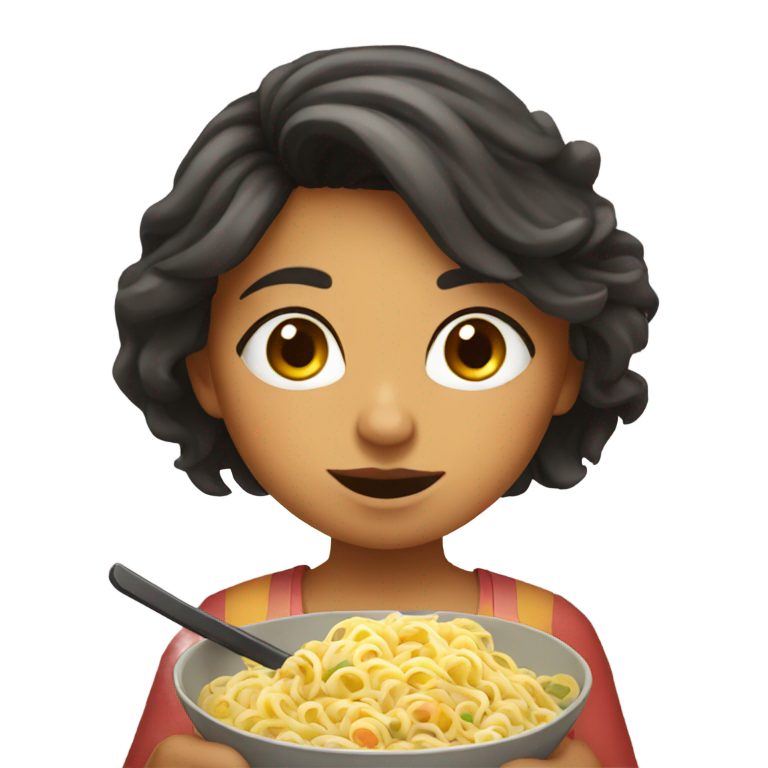 genmoji : Fille indienne aux cheveux courts mangeant des nouilles, avec de grosses joues.
