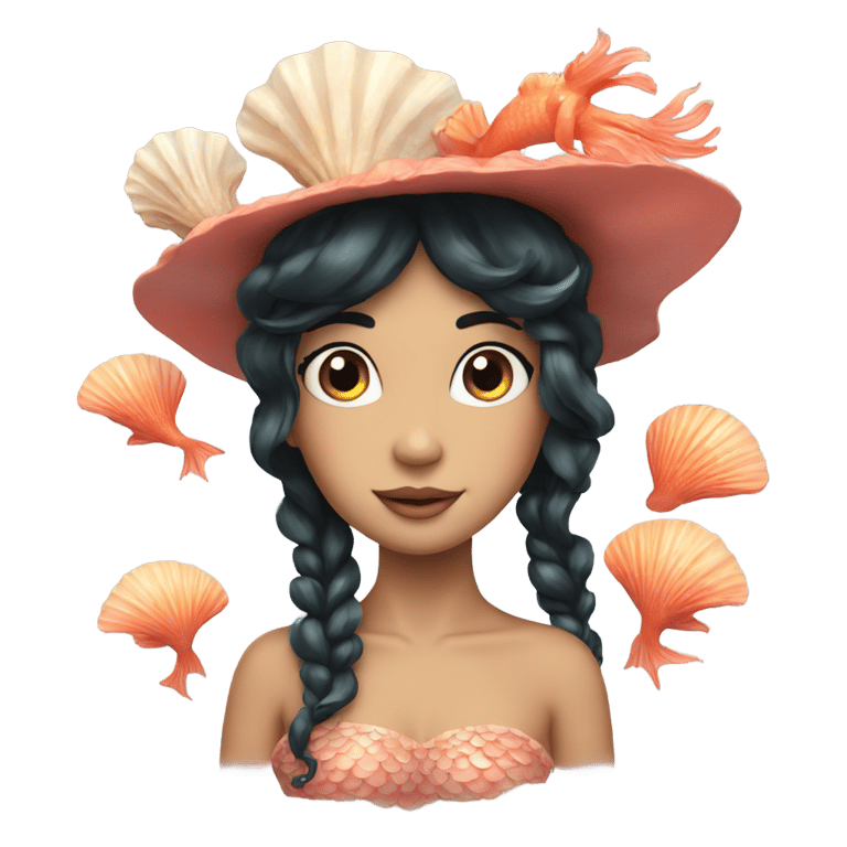 genmoji : A mermaid with black hair and wearing a hat made of shells and coral
