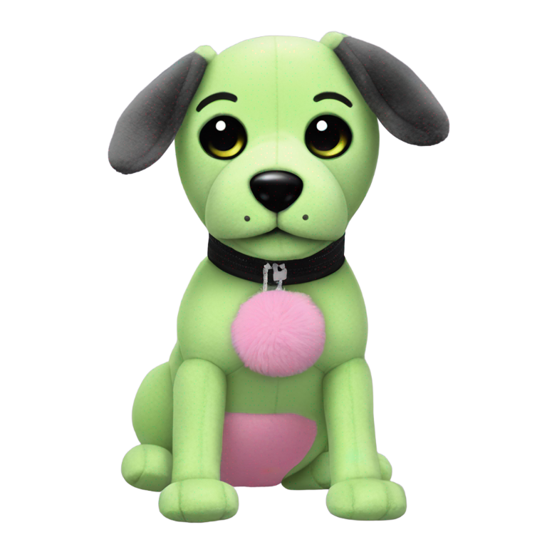 絵文字：ライトグリーンの犬のぬいぐるみ、胸にグレーのジッパー、黒い腕と脚、立ち上がった黒い耳、ピンクの舌が出ている。目は白地に小さな黒い点。