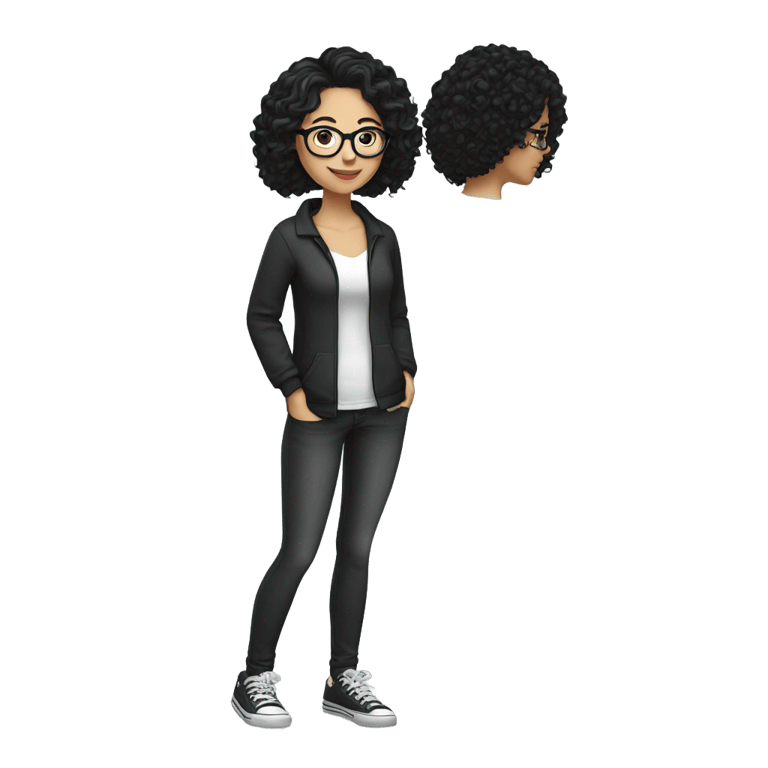 genmoji：全身，白人女孩，黑色卷发，戴眼镜