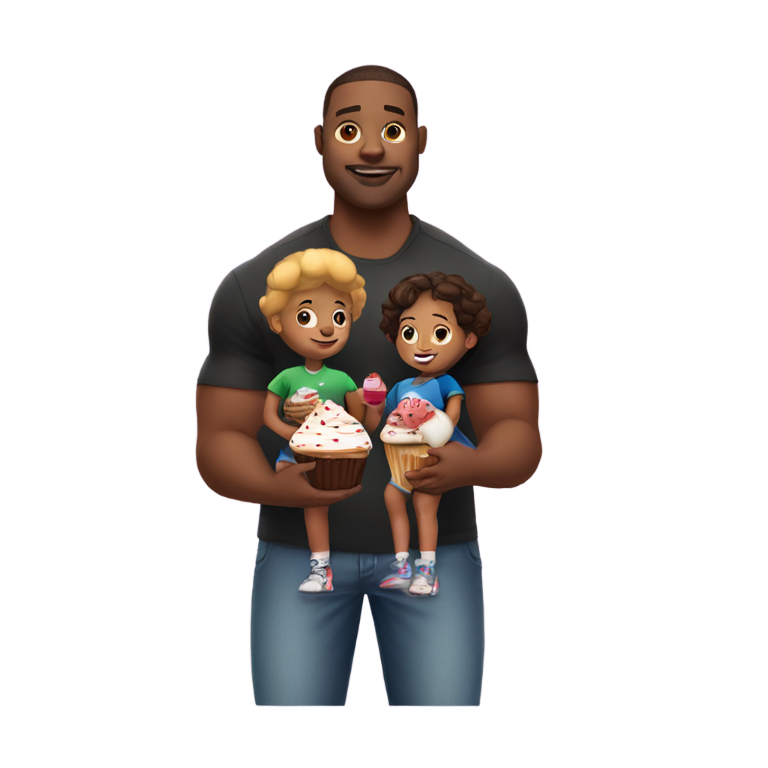 genmoji：一个胖黑人穿着足球衫，手里拿着一个纸杯蛋糕和一个小孩