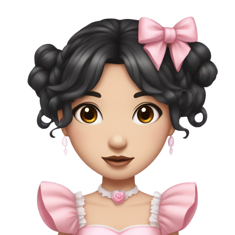 genmoji : Fille aux cheveux noirs mi-longs avec une coupe hime, portant une robe coquette rose et un nœud pastel, avec des volants et un style mignon.