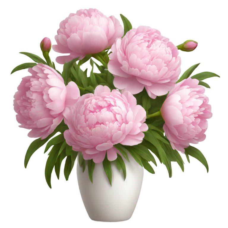 genmoji : Bouquet de pivoines roses dans un vase blanc
