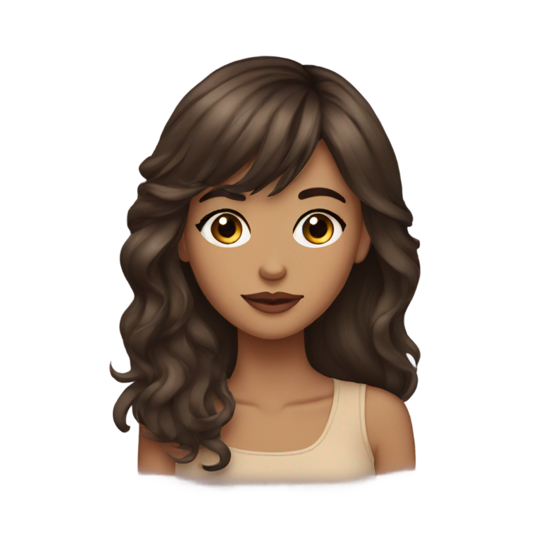 genmoji : Fille au teint clair, cheveux longs et bruns foncés, visage allongé, nez fin, yeux sombres, frange rideau, cils, lèvres fines.