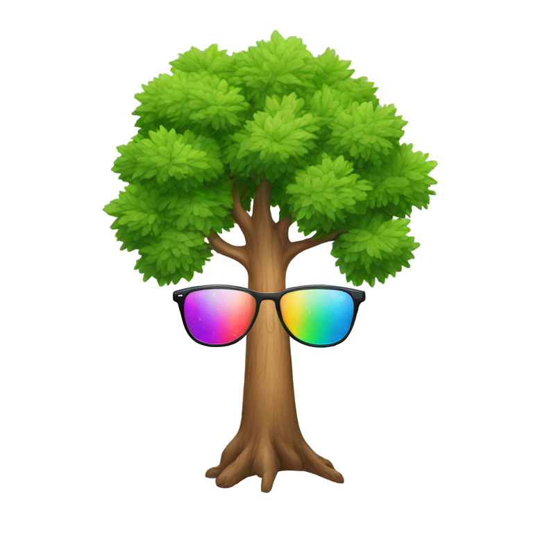 genmoji : Un arbre portant des lunettes et ayant un visage aux couleurs de l'arc-en-ciel