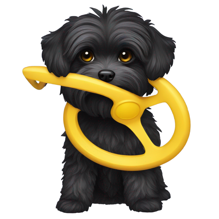 genmoji：黑色约克普犬拿着黄色飞盘