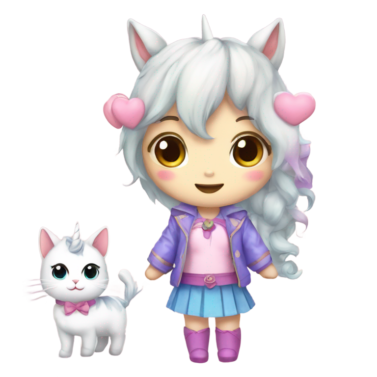 genmoji：可爱的独角兽与可爱的猫咪和卡哇伊的动漫女孩站在一起，说“HELLO！！”