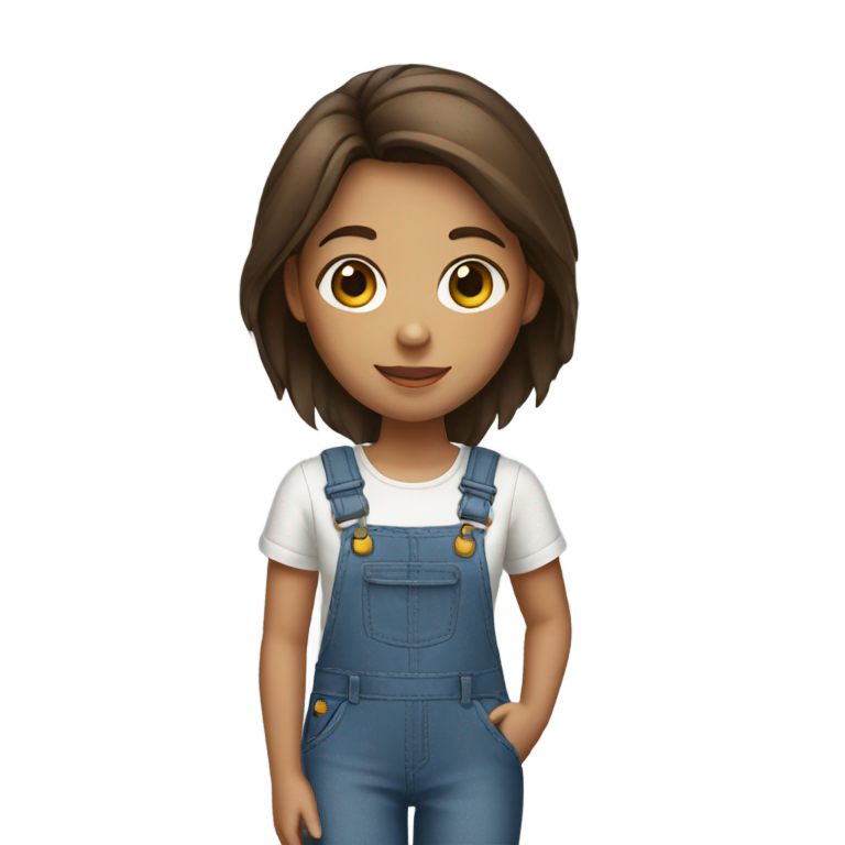 genmoji : Fille aux cheveux bruns et lisses portant une salopette.