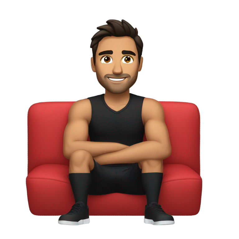 genmoji：克里斯·温多尔斯基穿着黑色T恤和红色短裤，坐在沙发上。