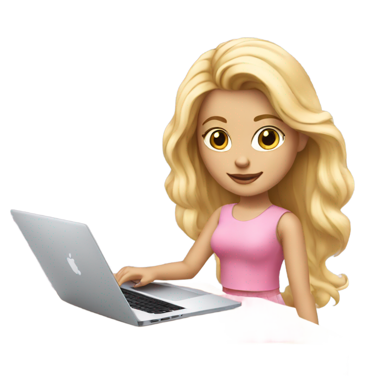 genmoji : Une jolie fille avec un haut et une jupe roses, les cheveux blonds dans une coiffure élégante, travaillant sur son MacBook.