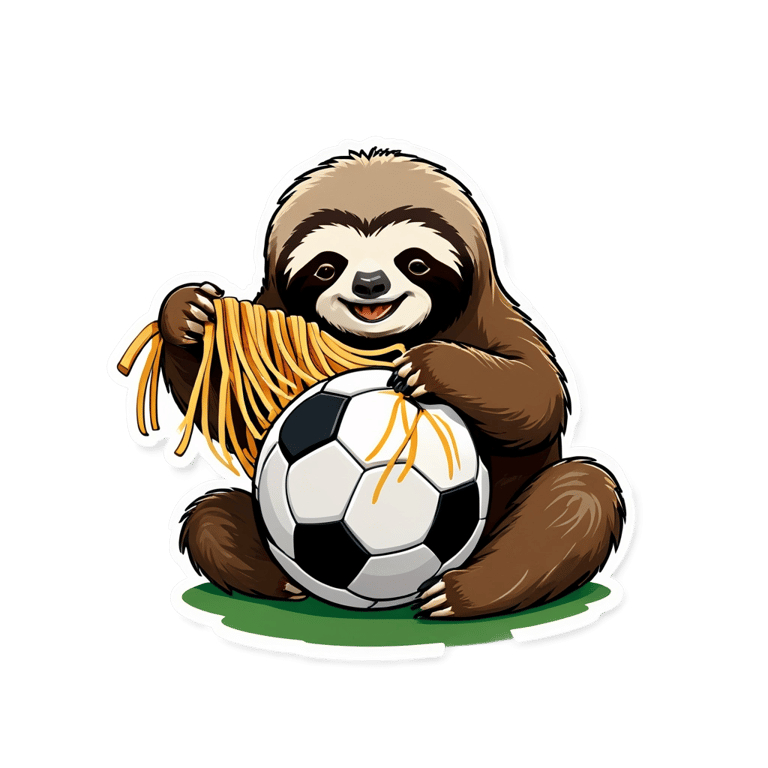 絵文字：ソッカーをしながら麺を食べるナマケモノ