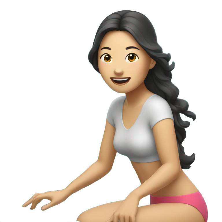 genmoji : Femme asiatique mangeant un gâteau tout en surfant une vague