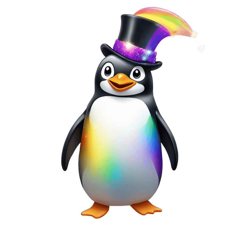 genmoji: "A joyful penguin wearing a sparkling rainbow magic top hat, waddling happily."