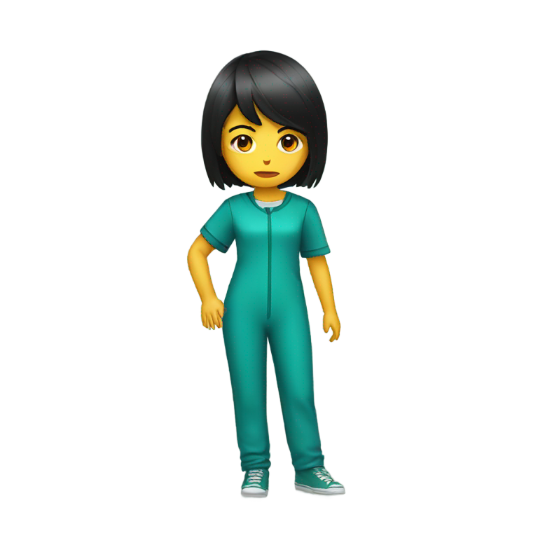 絵文字：ティール色のジャンプスーツを着た黒髪の女の子。悲しそうで鼻血が出ていて、黄色と赤のストライプのパーティーハットをかぶっている。