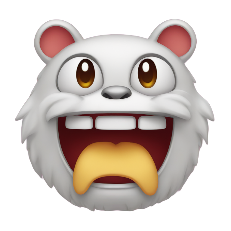 genmoji: 👹 mouth closed smiling with 9 triangle teeth ,small heart shaped nose, big vertical oval eyes, furry, two ears in the center of the head