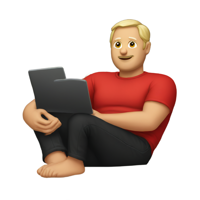 genmoji：50岁的白人男子穿着红色短裤和黑色衬衫，坐在沙发上。