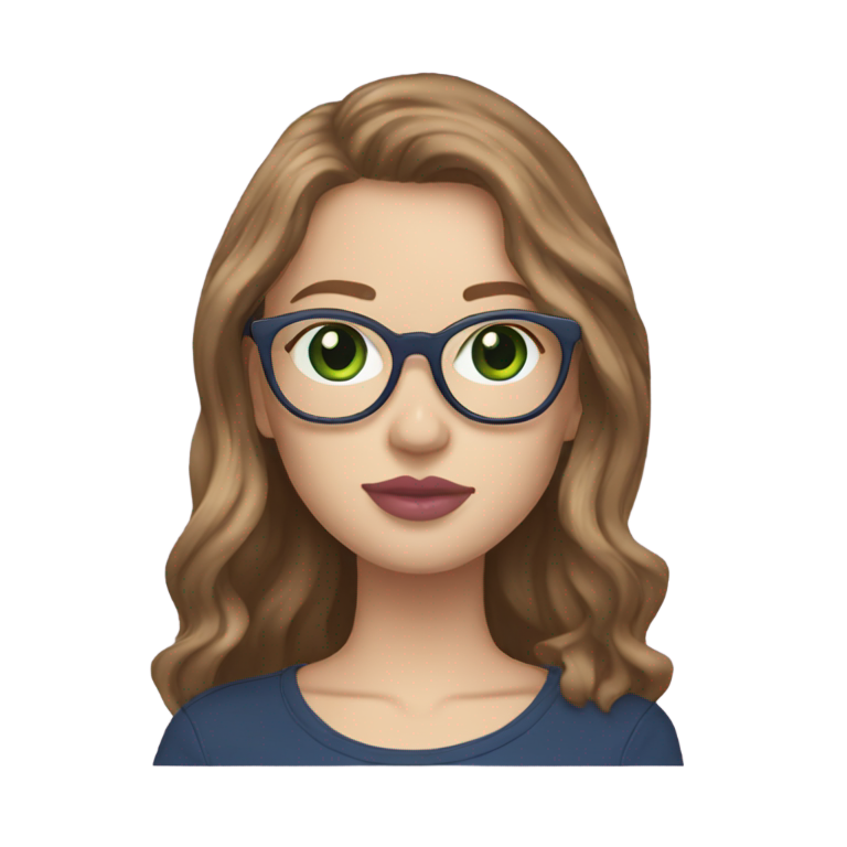genmoji : Fille aux cheveux châtains clairs et longs avec des couches, yeux verts, lunettes dorées, lèvres roses, peau claire et haut bleu foncé Brandy Melville.