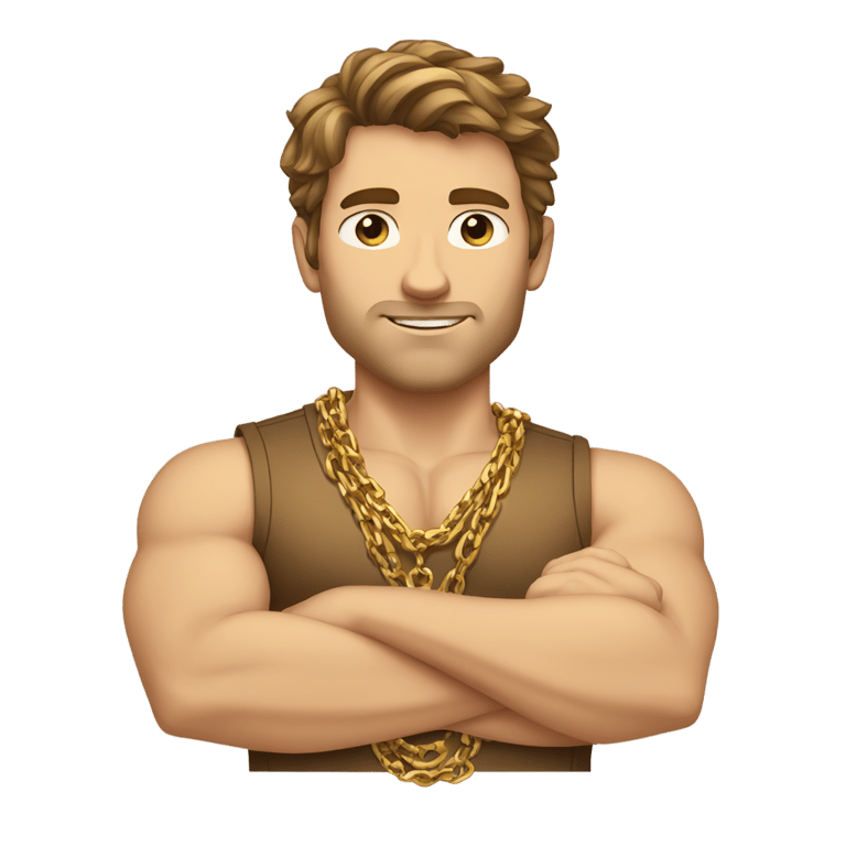 genmoji : brown hair strong Caucasian male, a gold shirt, multiple gold chains, gold wrist bands, arms crossed