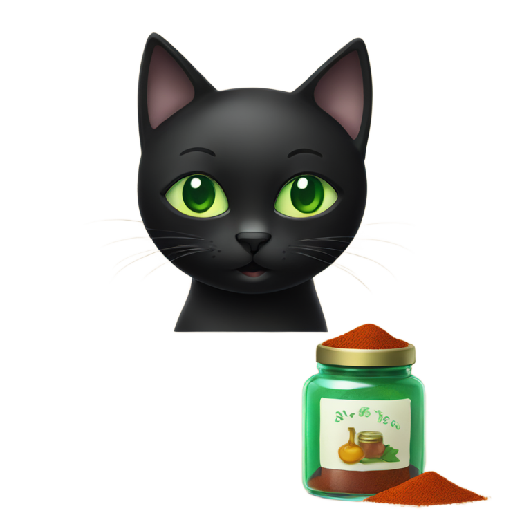 genmoji: black cat with green eyes playing with spice jar