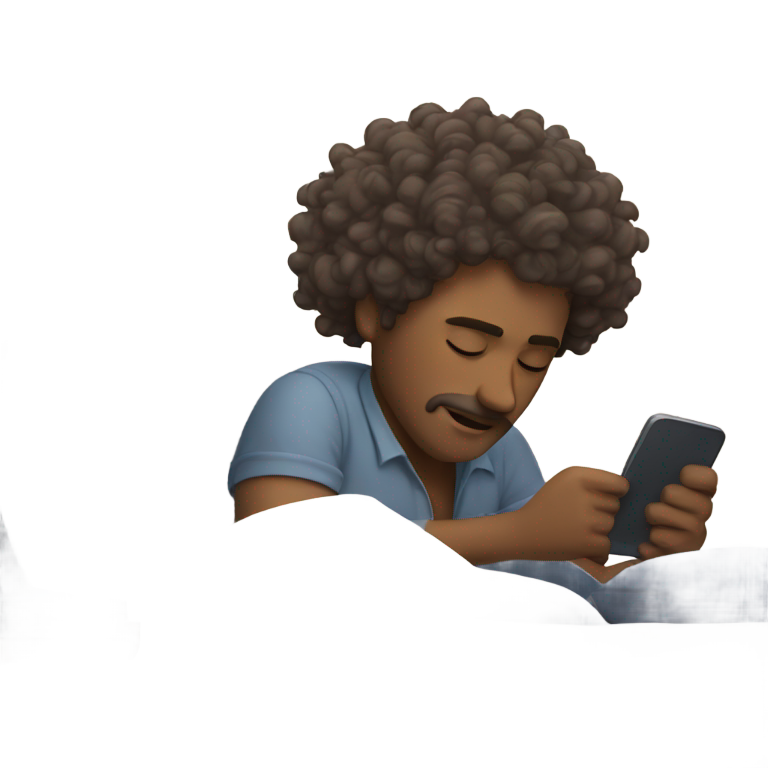 genmoji：卷发男子睡在床上，手机放在满是工作的桌子后面