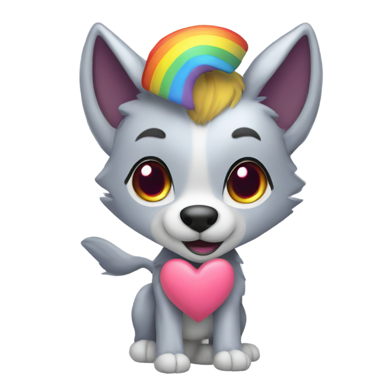 genmoji : Loup arc-en-ciel avec de très grandes oreilles et un t-shirt qui dit "j'aime le top"
