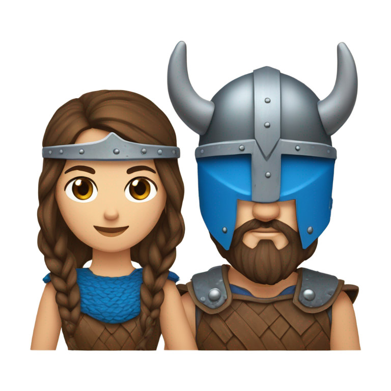 genmoji : Couple de vikings : femme aux cheveux bruns courts et yeux bleus, homme aux cheveux châtains courts et yeux bleus. Tous deux avec casques à cornes.