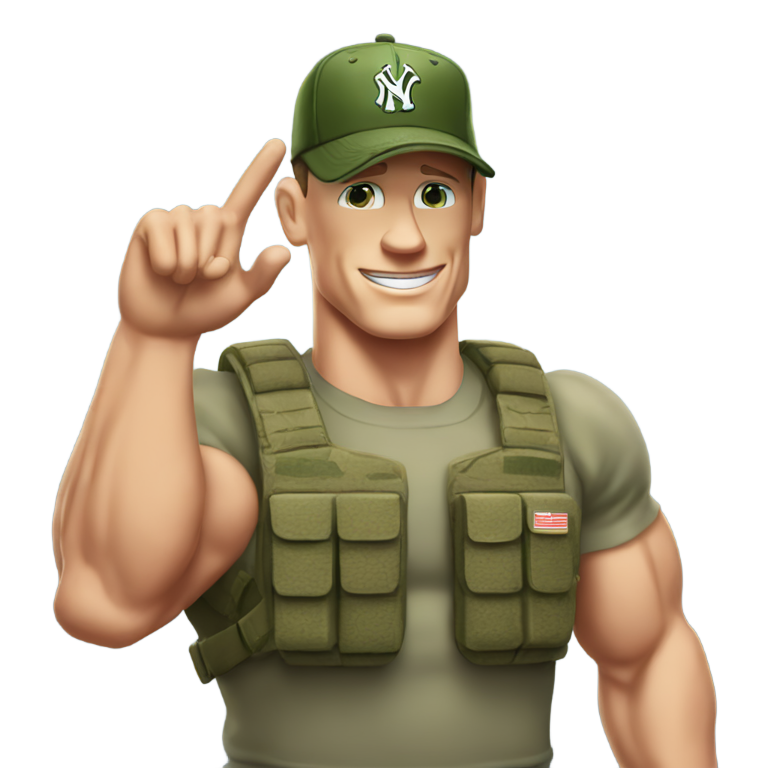 絵文字：ジョン・シナが、服装にマッチしたキャップをかぶり、一手で軍隊式敬礼をしている。