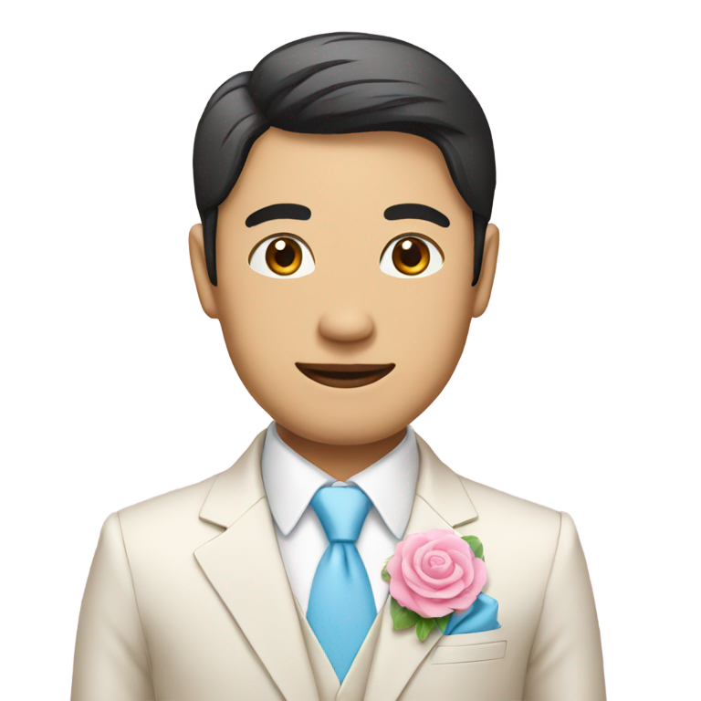 genmoji : Émoji de marié asiatique avec un costume de couleur crème, une cravate bleu clair et une fleur rose.