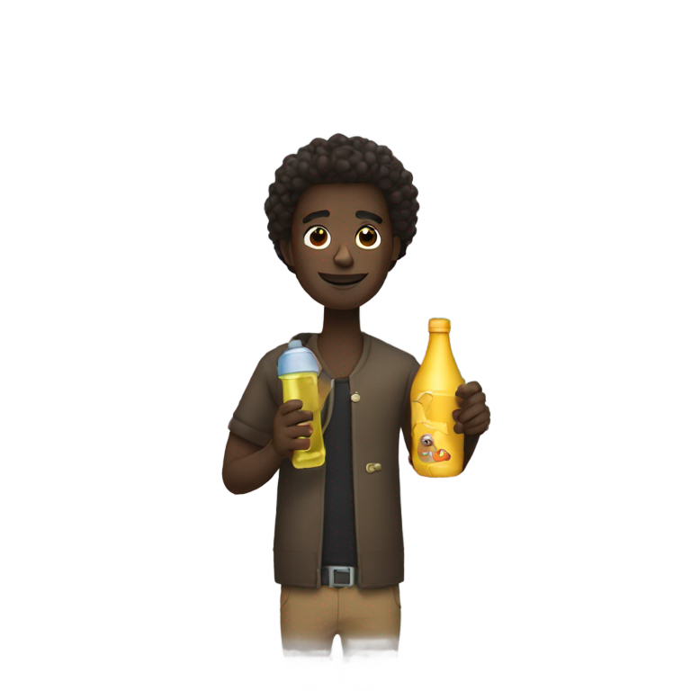 genmoji: Darkskin man with locks holding bottle with text on it saying „Lech”