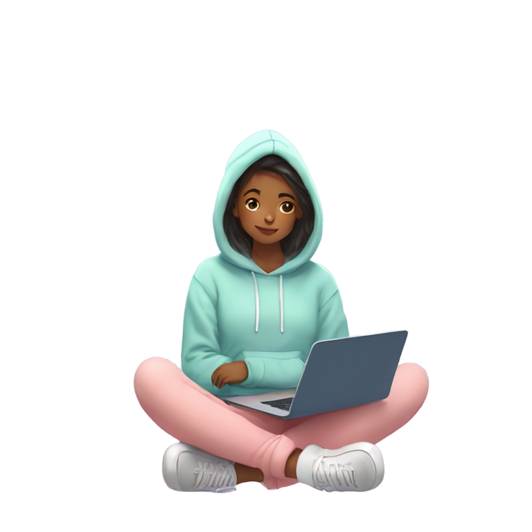 genmoji：一位深思的Z世代大学生单手拿着笔记本电脑，穿着连帽衫和运动鞋，盘腿而坐，带着柔和的微笑，周围漂浮着大学图标（书籍、地球仪、宿舍、帽子），背景为柔和的色调。干净、现代、充满学生气息的美学。