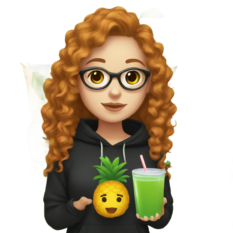 genmoji：姜黄色长卷发白人女孩，深棕绿色眼睛，戴棕色眼镜，身穿黑色宽松连帽衫，手持菠萝汁。