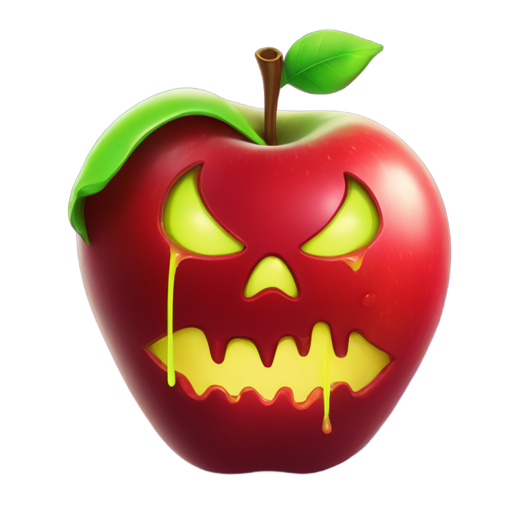 genmoji : Pomme rouge empoisonnée de Blanche-Neige avec du poison vert néon qui coule autour de la pomme.