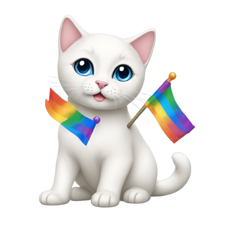 genmoji : Mignon chat siamois blanc aux yeux bleus tenant un drapeau de la fierté gay
