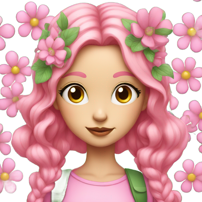 genmoji : Fille rose avec quatre yeux, cheveux verts, grandes oreilles et portant des fleurs.
