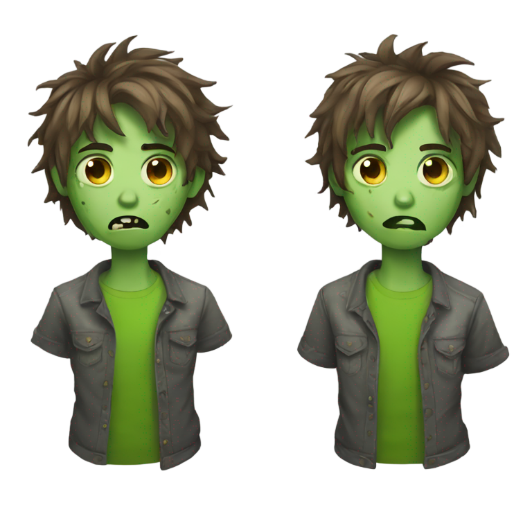 genmoji: Zombie, brown shaggy medium hair, apple emoji, emo, green skin, grey eyes