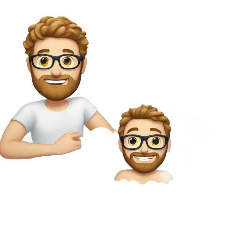 genmoji : Un homme jeune à barbe blanche, aux cheveux bruns et aux yeux bleus, portant des lunettes, prenant un bain moussant.