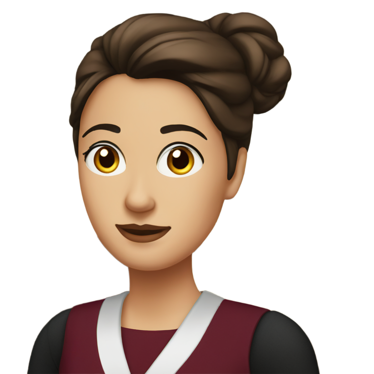 genmoji : Réceptionniste d'hôtel avec un chignon de cheveux brun foncé, un grand gilet sans manches noir et un pull bordeaux en dessous.