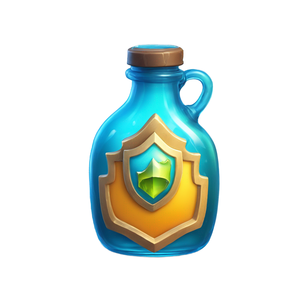 genmoji: detailed, ultra-realistic emoji-style icon of a small shield potion inspired by Fortnite. The potion is contained in a sleek, transparent glass bottle filled with a vibrant, glowing blue liquid that has a slight swirling effect. The bottle has a smooth, curved shape with a slight