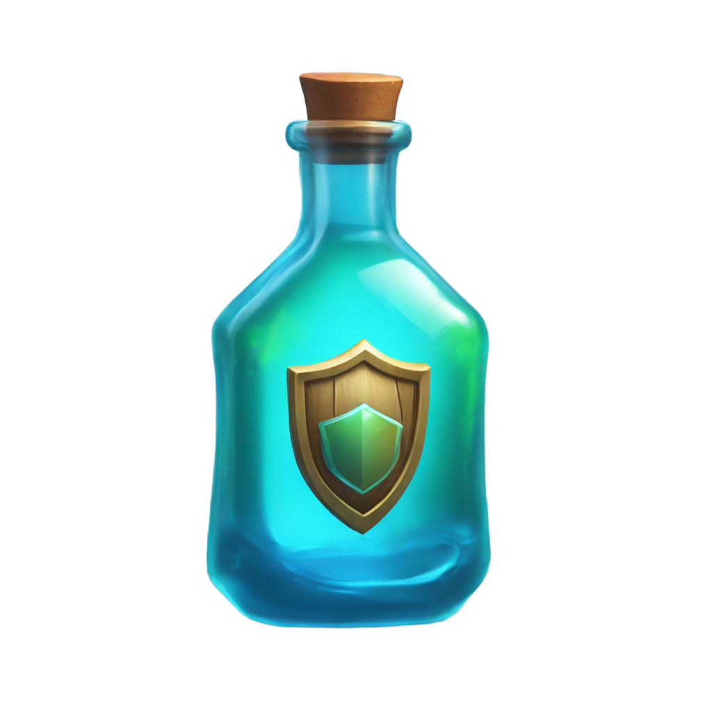 genmoji: detailed, ultra-realistic emoji-style icon of a small shield potion inspired by Fortnite. The potion is contained in a sleek, transparent glass bottle filled with a vibrant, glowing blue liquid that has a slight swirling effect. The bottle has a smooth, curved shape with a slight