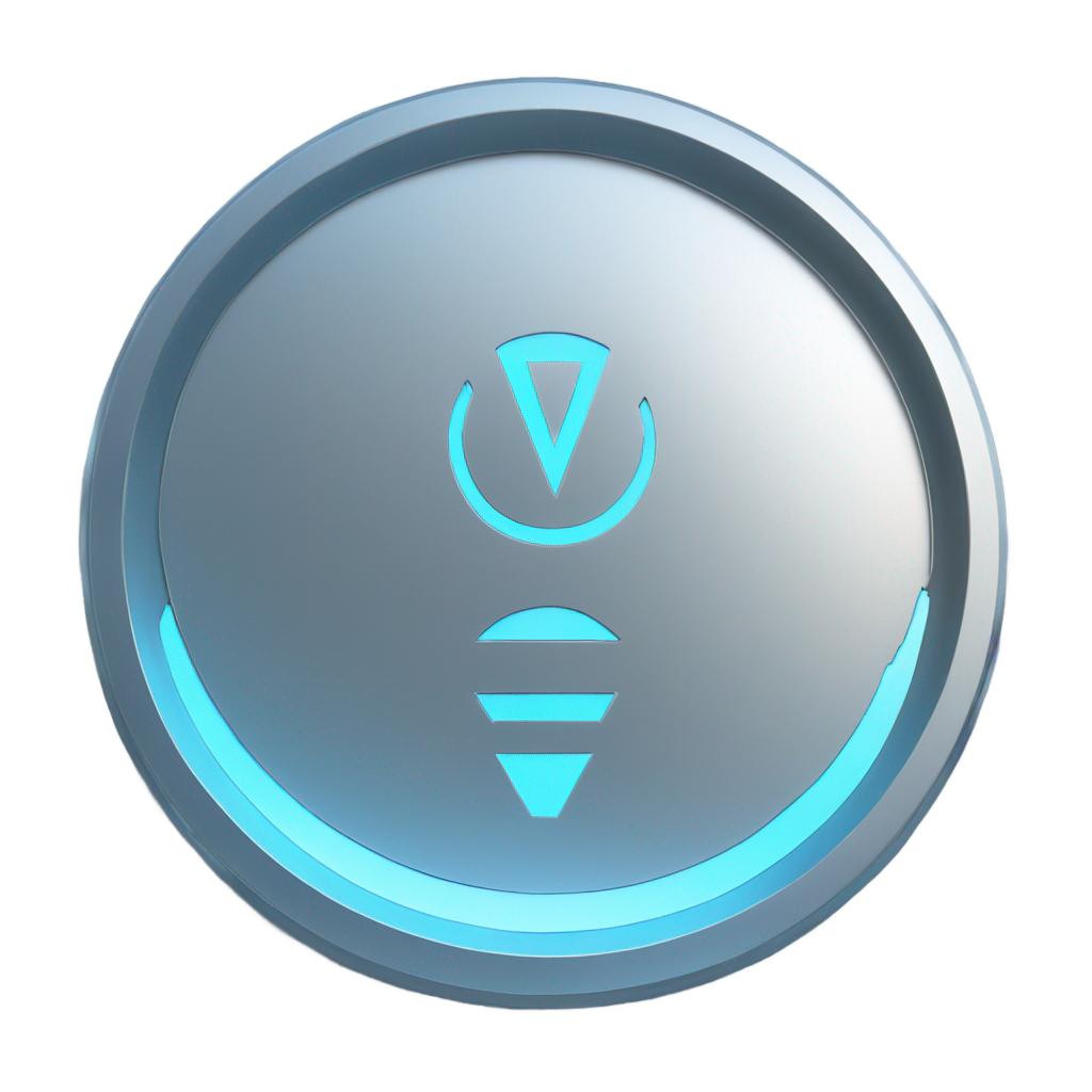 genmoji: ed in the center. The edges of the coin have subtle ridges and a smooth, reflective finish, giving it a high-tech appearance. A soft blue glow emanates from the V symbol and the outer rim, adding a futuristic energy effect. The design is clean and minimalistic, with no unnecessar