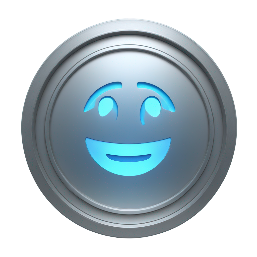 genmoji: ed in the center. The edges of the coin have subtle ridges and a smooth, reflective finish, giving it a high-tech appearance. A soft blue glow emanates from the V symbol and the outer rim, adding a futuristic energy effect. The design is clean and minimalistic, with no unnecessar